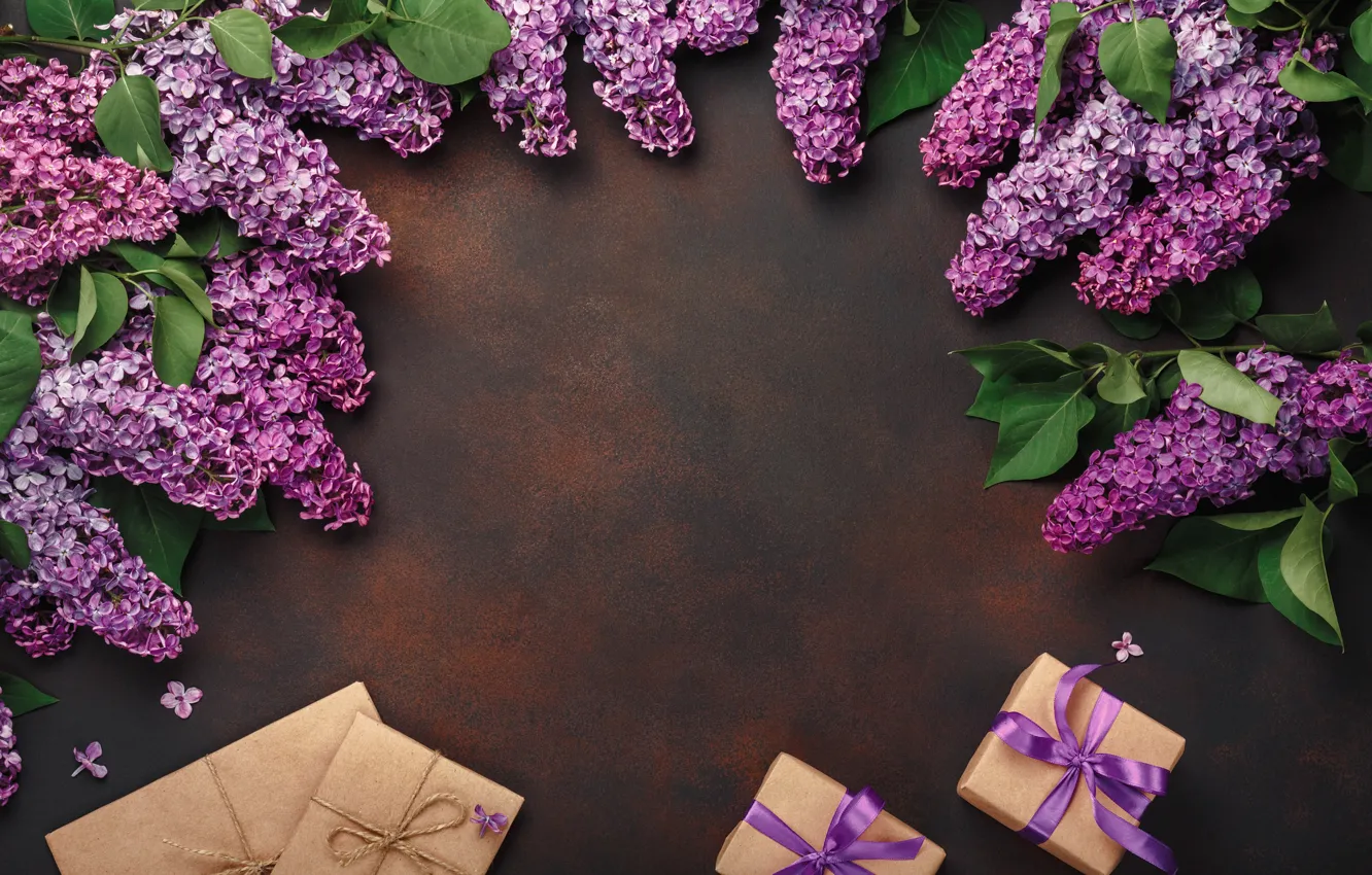 Photo wallpaper flowers, gift, wood, flowers, lilac, lilac, frame, gift box