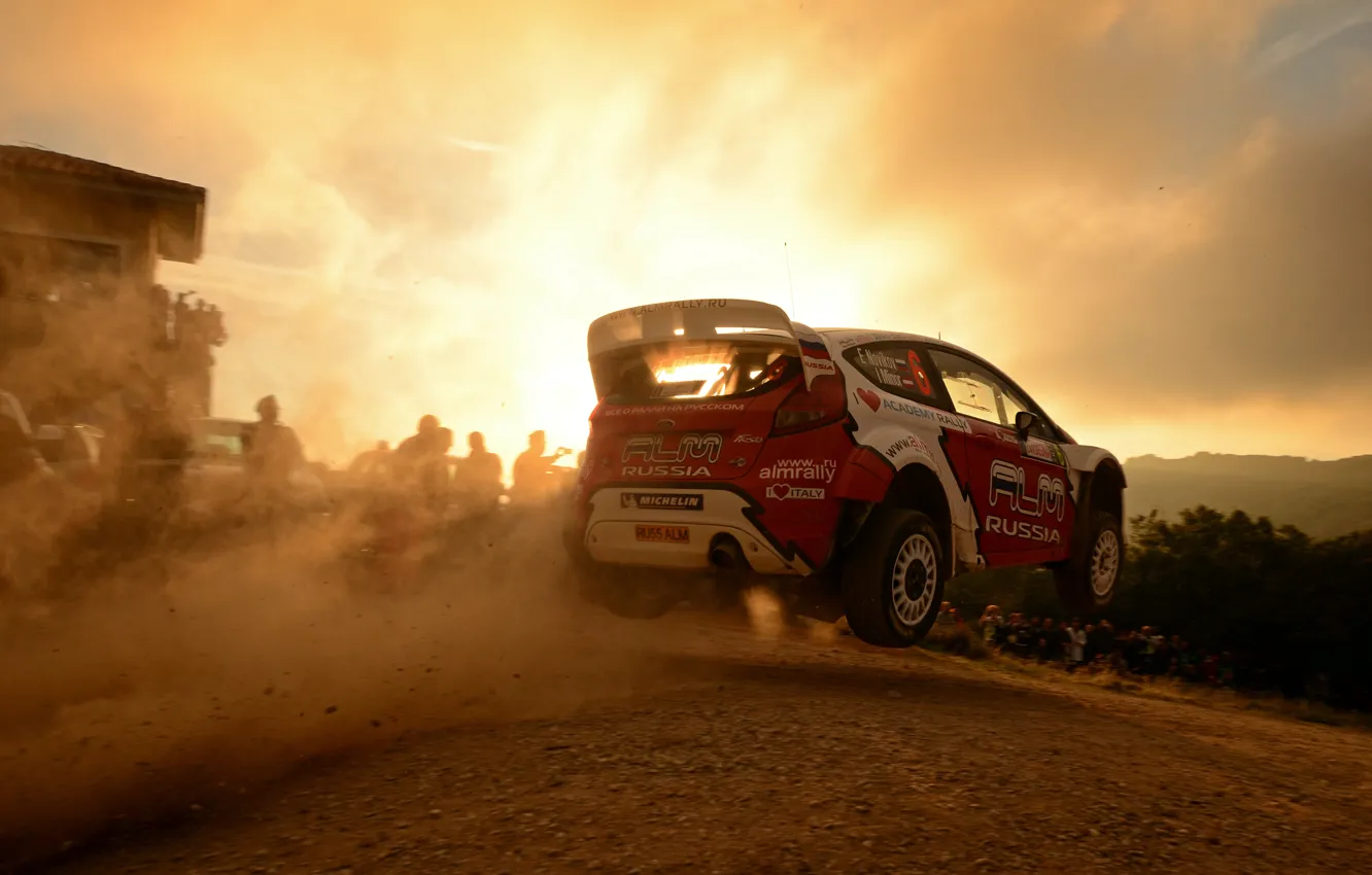 Photo wallpaper sunset, background, Ford, flight, car, WRC, Rally, Evgeny Novikov