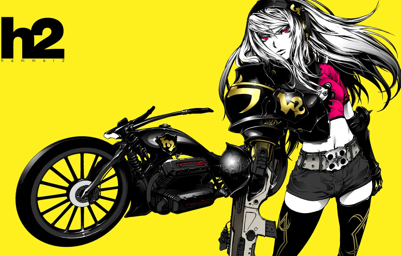 Photo wallpaper girl, art, motorcycle, yellow background, nagimiso