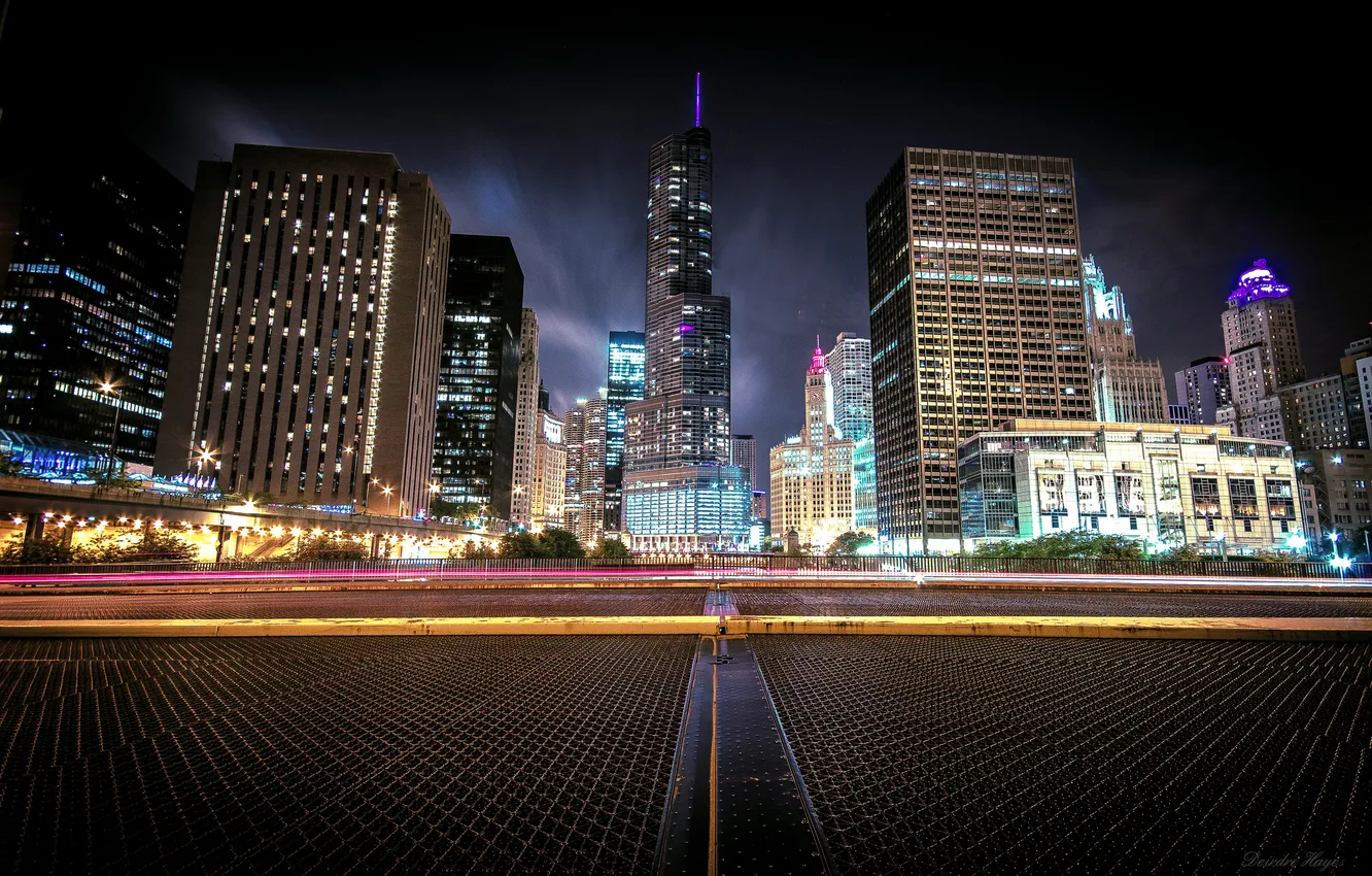 Photo wallpaper night, the city, lights, river, skyscrapers, Chicago, Illinois