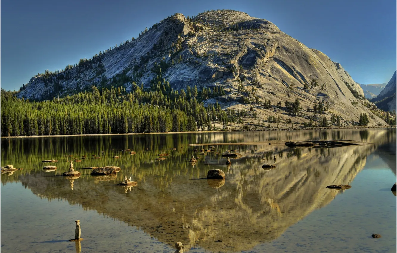 Photo wallpaper forest, the sky, trees, mountains, lake, reflection, stones