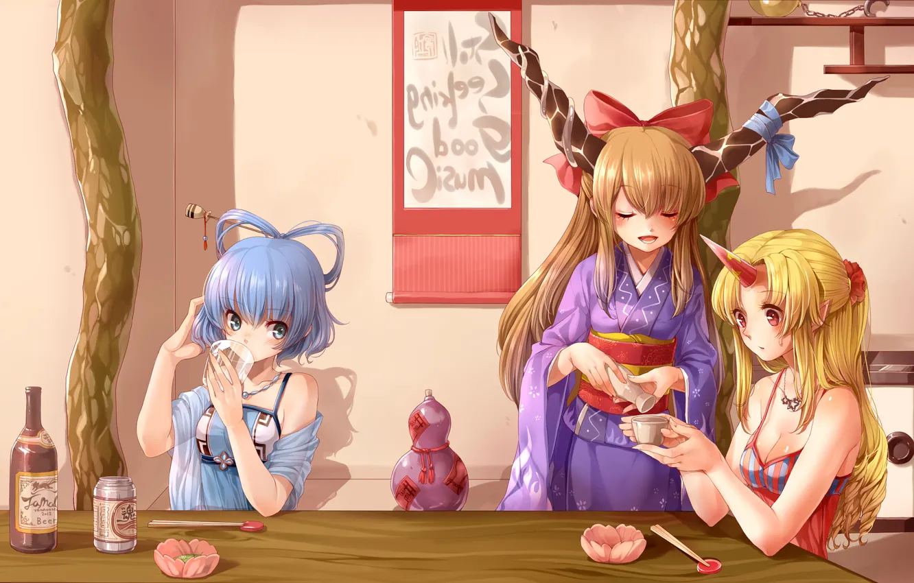 Photo wallpaper girl, table, bottle, beer, horns, kimono, touhou, sake