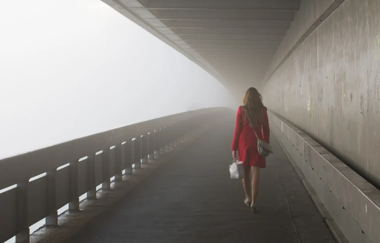 Photo wallpaper girl, the city, fog, morning