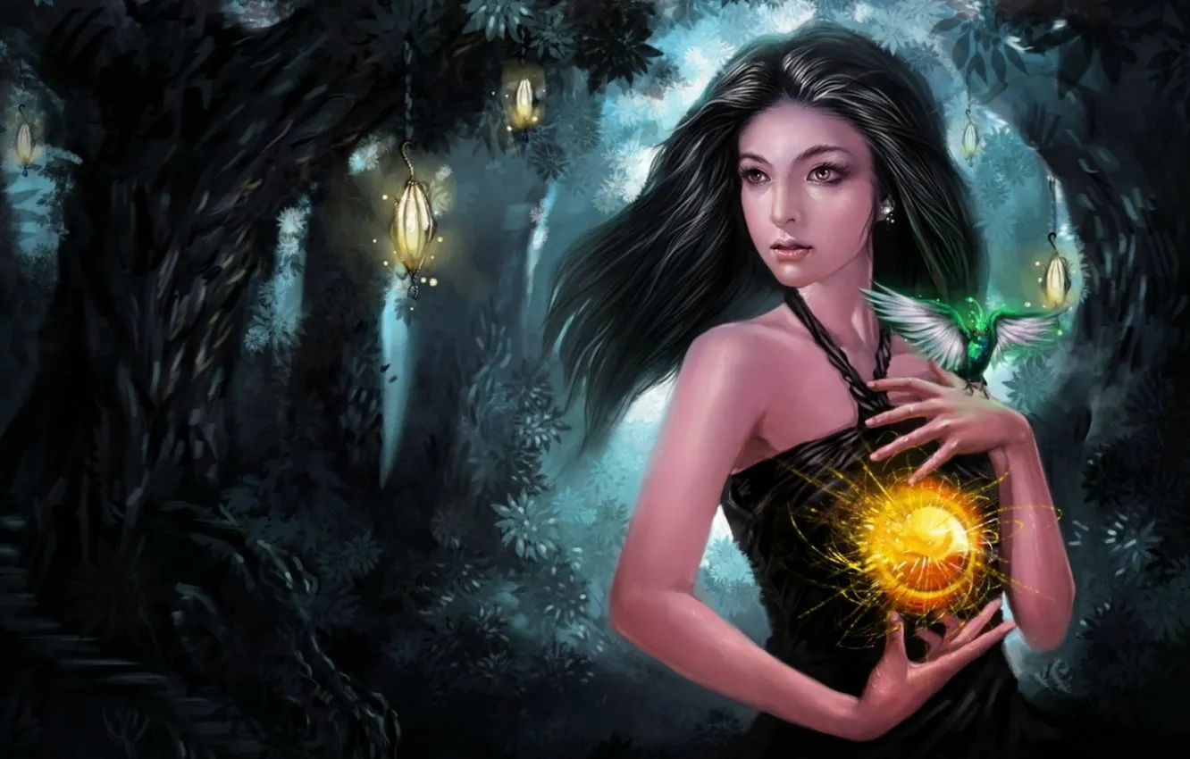 Photo wallpaper fire, forest, magic, woman, lights ball