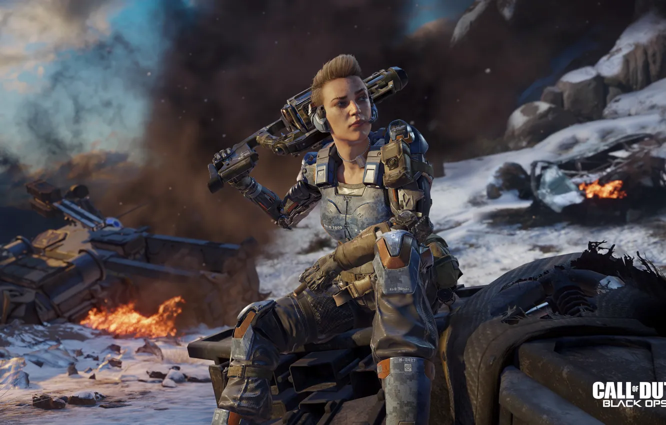 Photo wallpaper girl, fur, gun, Call of Duty: Black Ops 3, hero soldier