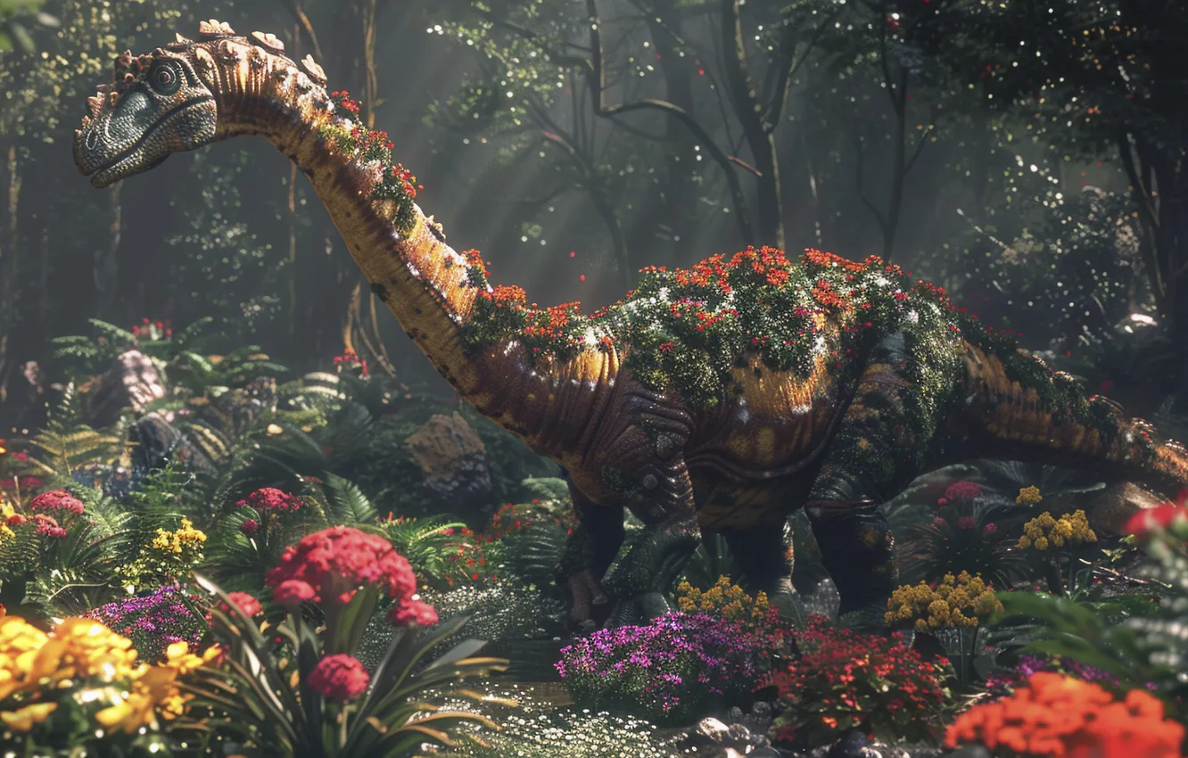 Photo wallpaper trees, flowers, animal, dinosaur, tail, neck, digital art, Ancient animals