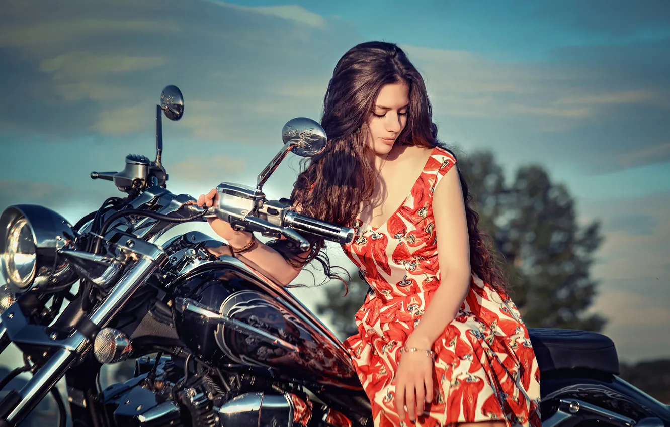 Photo wallpaper girl, pose, dress, motorcycle, long hair, Eleanor Imgrunt