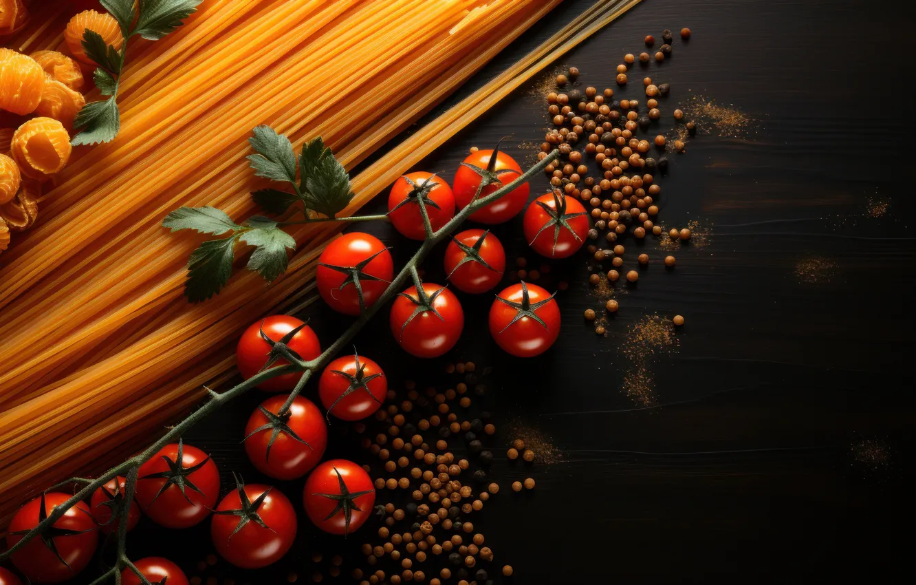 Photo wallpaper greens, leaves, the dark background, Board, tomatoes, spaghetti, tomatoes, spices