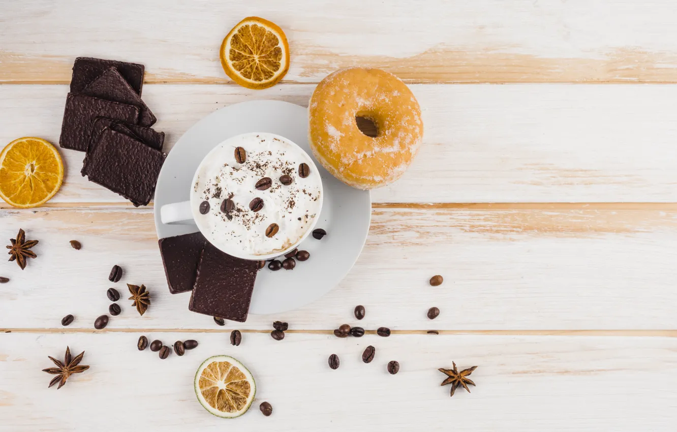 Photo wallpaper coffee, chocolate, Breakfast, donuts