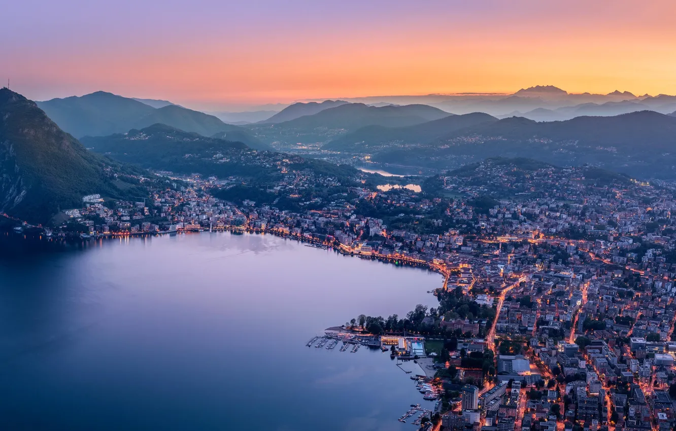 Photo wallpaper sunset, mountains, lake, widescreen, Switzerland, Alps, panorama, twilight