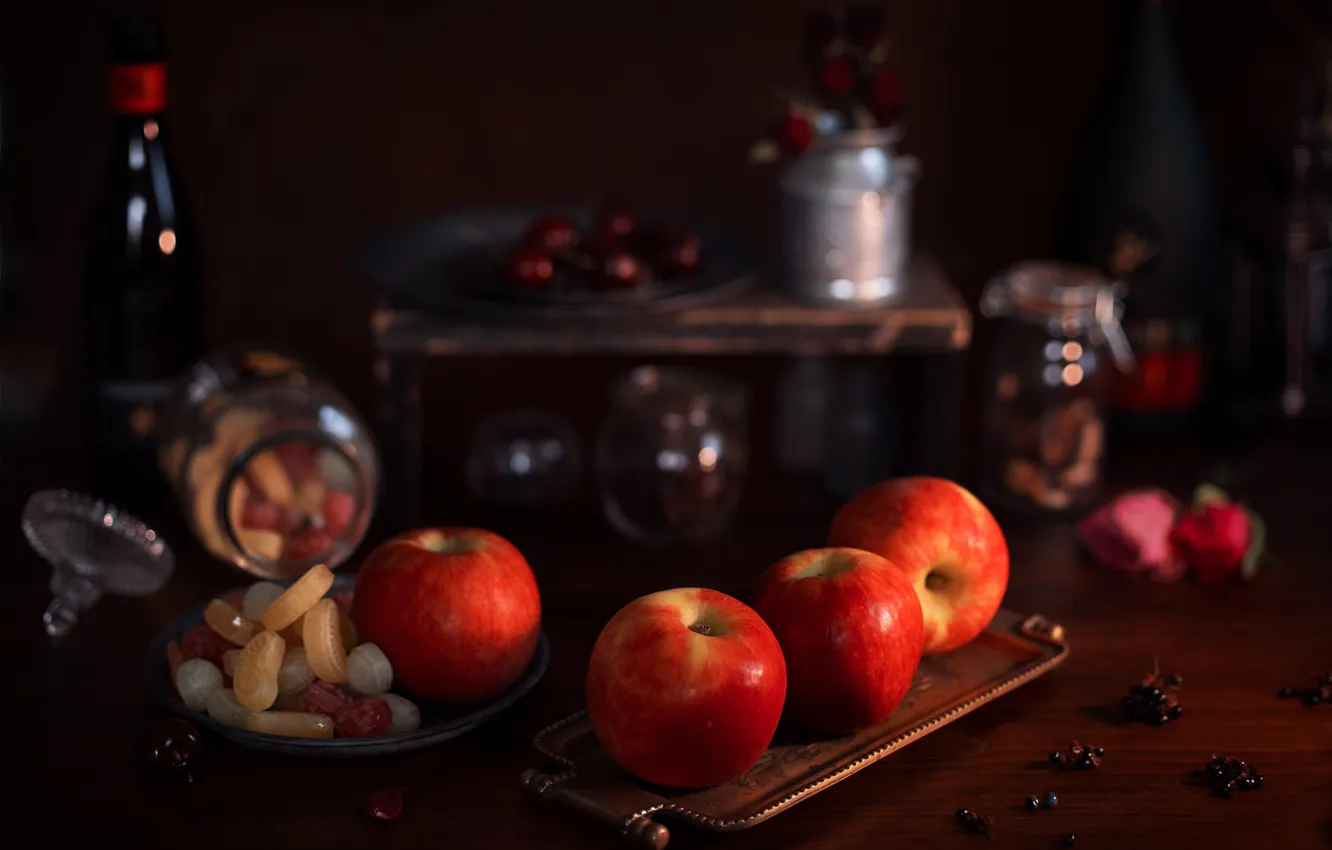 Photo wallpaper red, berries, the dark background, table, apples, plate, candy, Bank