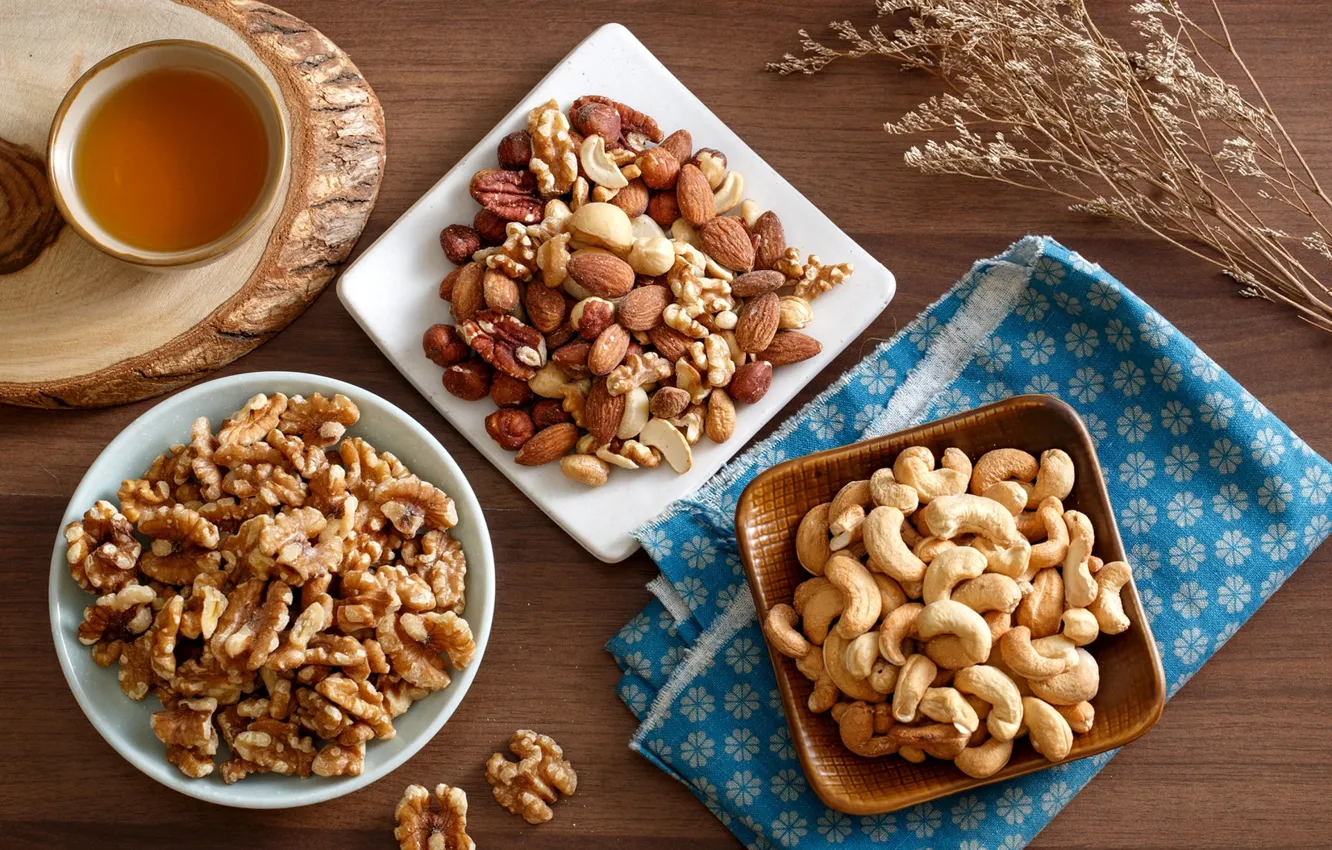 Photo wallpaper tea, nuts, almonds, hazelnuts, the dried flowers, walnut, pecan, cashews