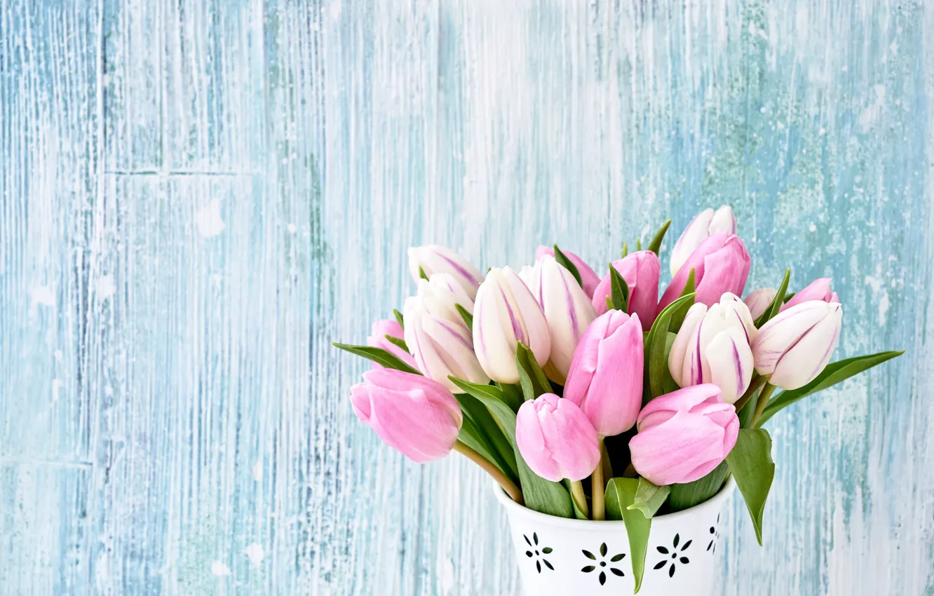 Photo wallpaper flowers, bouquet, tulips, pink, wood, pink, flowers, beautiful