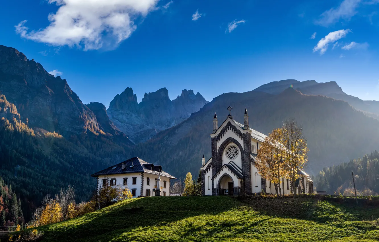 Photo wallpaper mountains, house, blue, rocks, view, Alps, Church, architecture