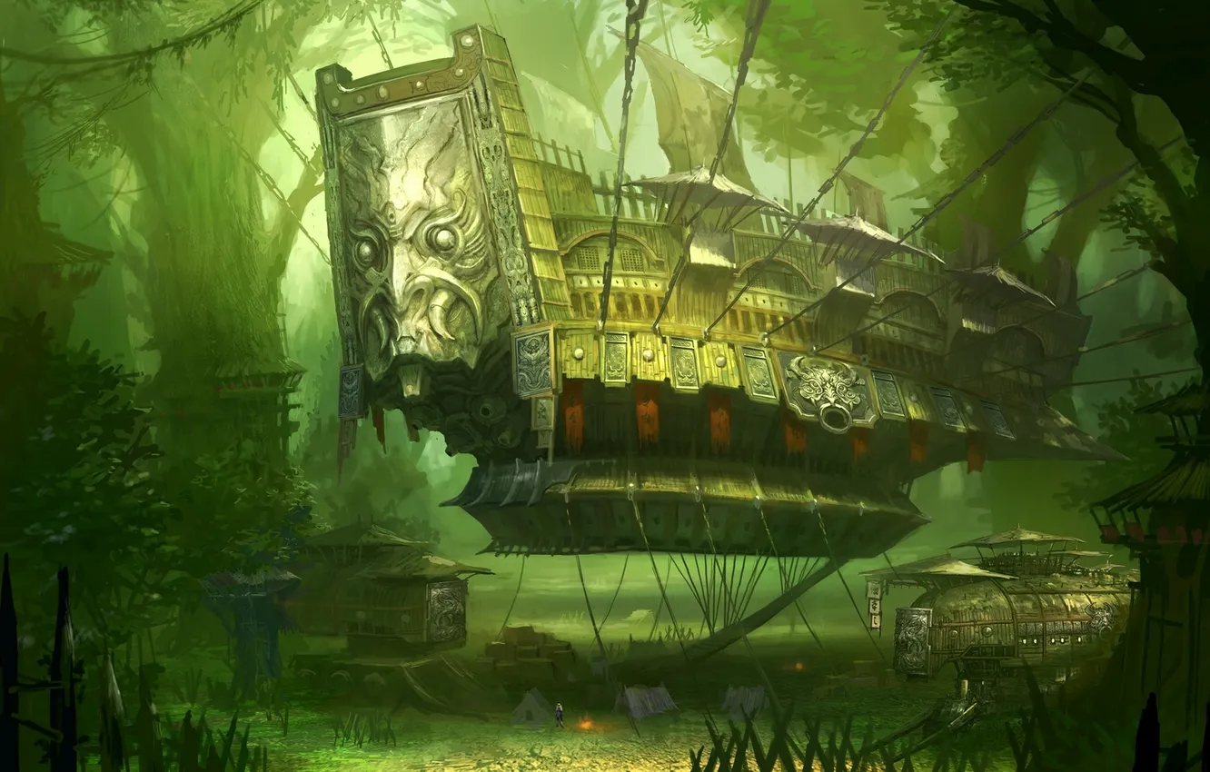 Photo wallpaper forest, people, ship, the fire, chain, Blade and Soul