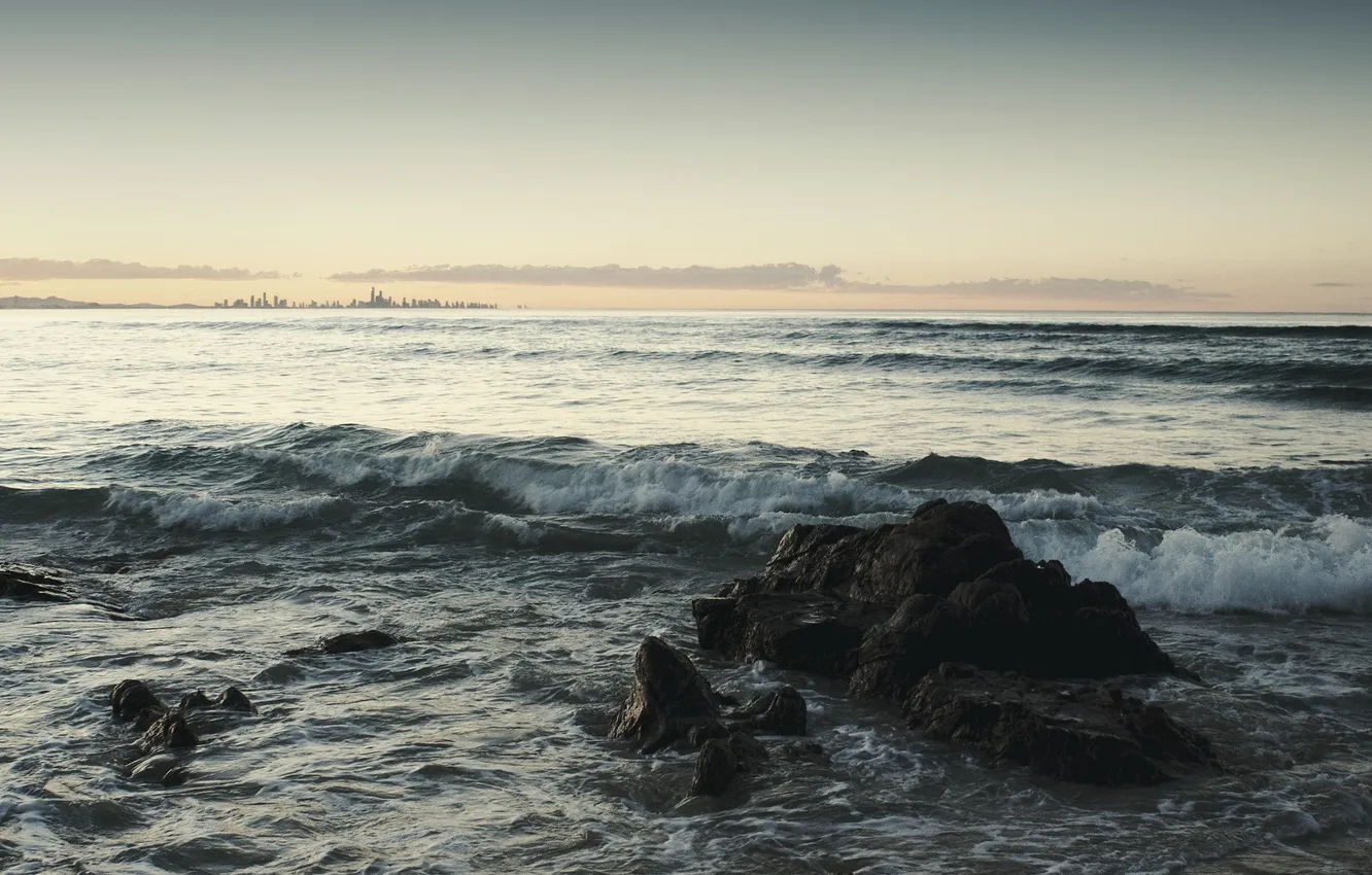 Photo wallpaper sea, wave, the sky, landscape, sunset, nature, stones, background