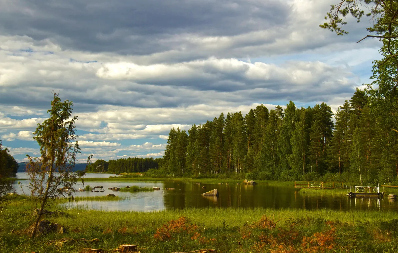 Photo wallpaper the sky, grass, clouds, nature, river, photo, Sweden, Dalarna