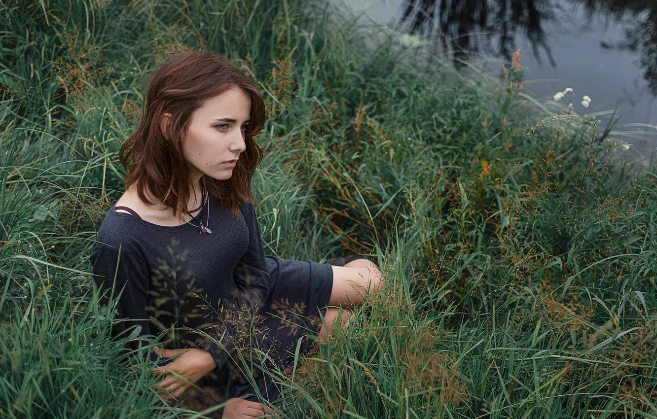 Photo wallpaper grass, look, water, girl, brunette, SunnySanki