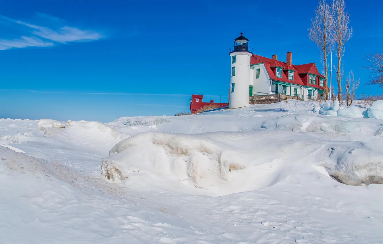 Photo wallpaper winter, the sky, snow, lighthouse, home