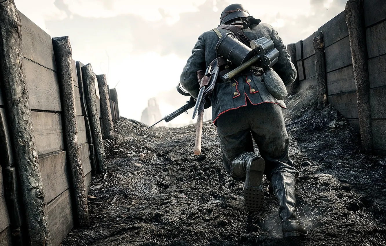 Photo wallpaper Trench, wallpaper, boards, uniform, hand grenade, rifle, pearls, soldier