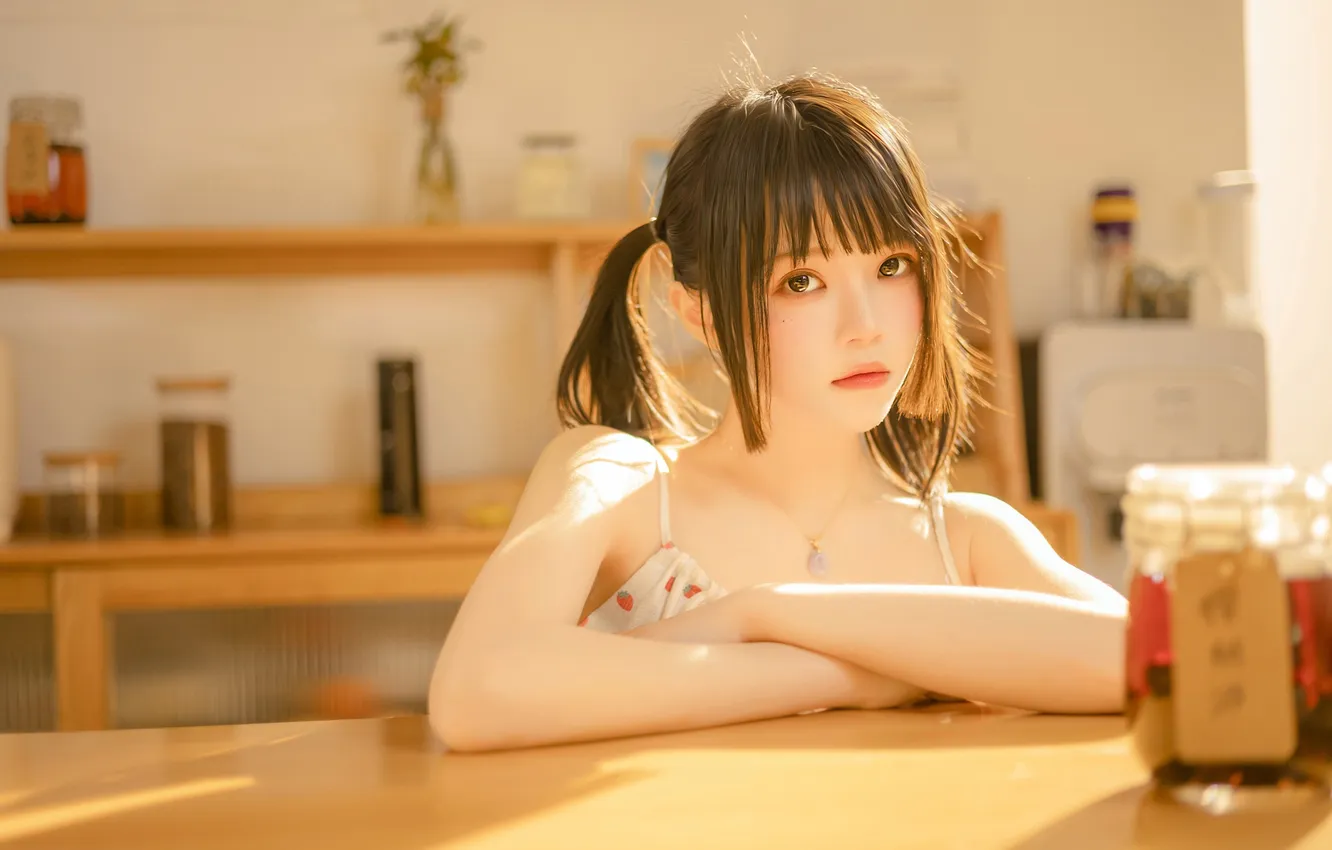 Photo wallpaper woman, beautiful, model, pretty, asian, cute, table, sunlight