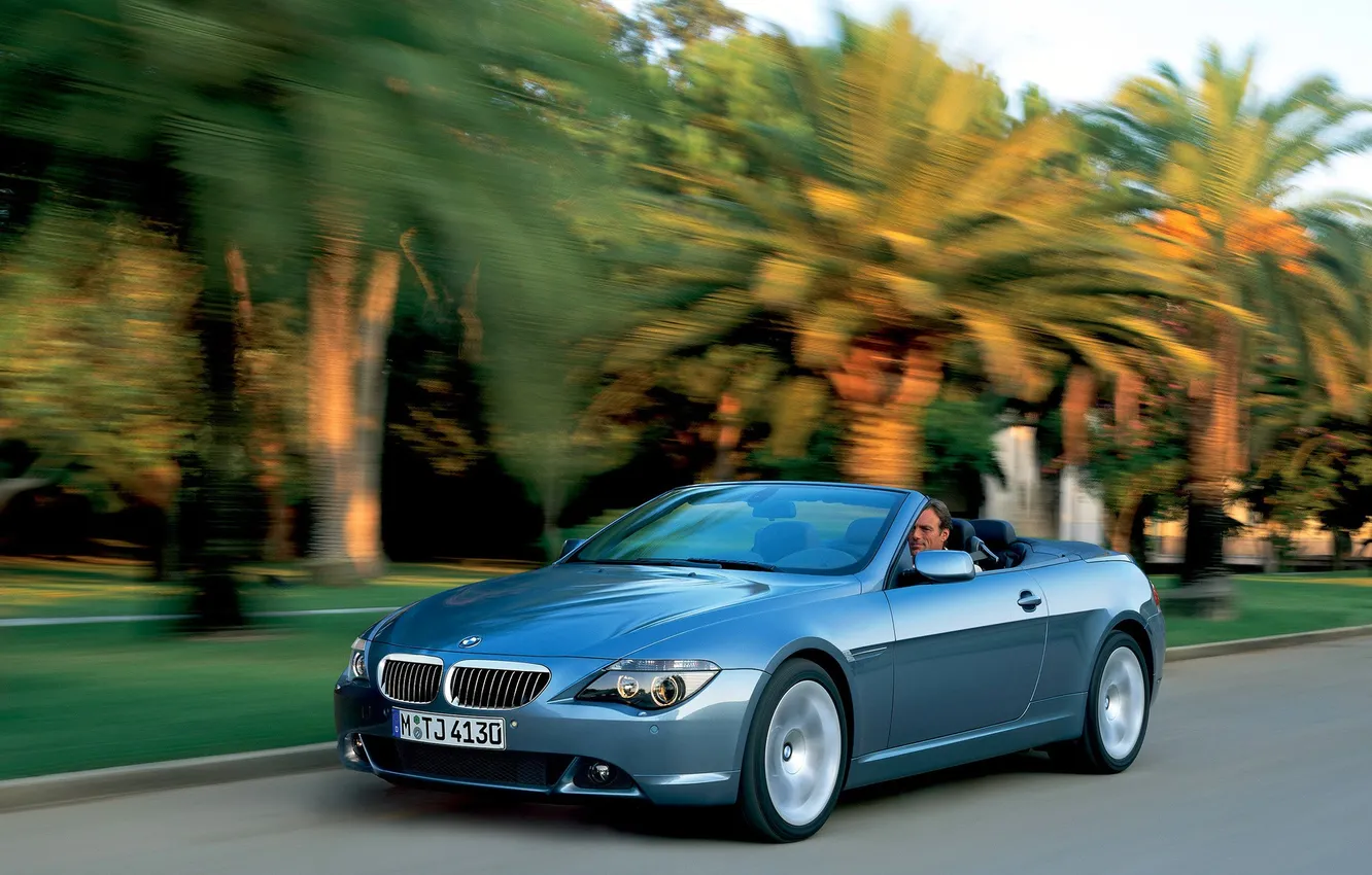 Photo wallpaper road, palm trees, blue, BMW, speed, BMW, highway, convertible