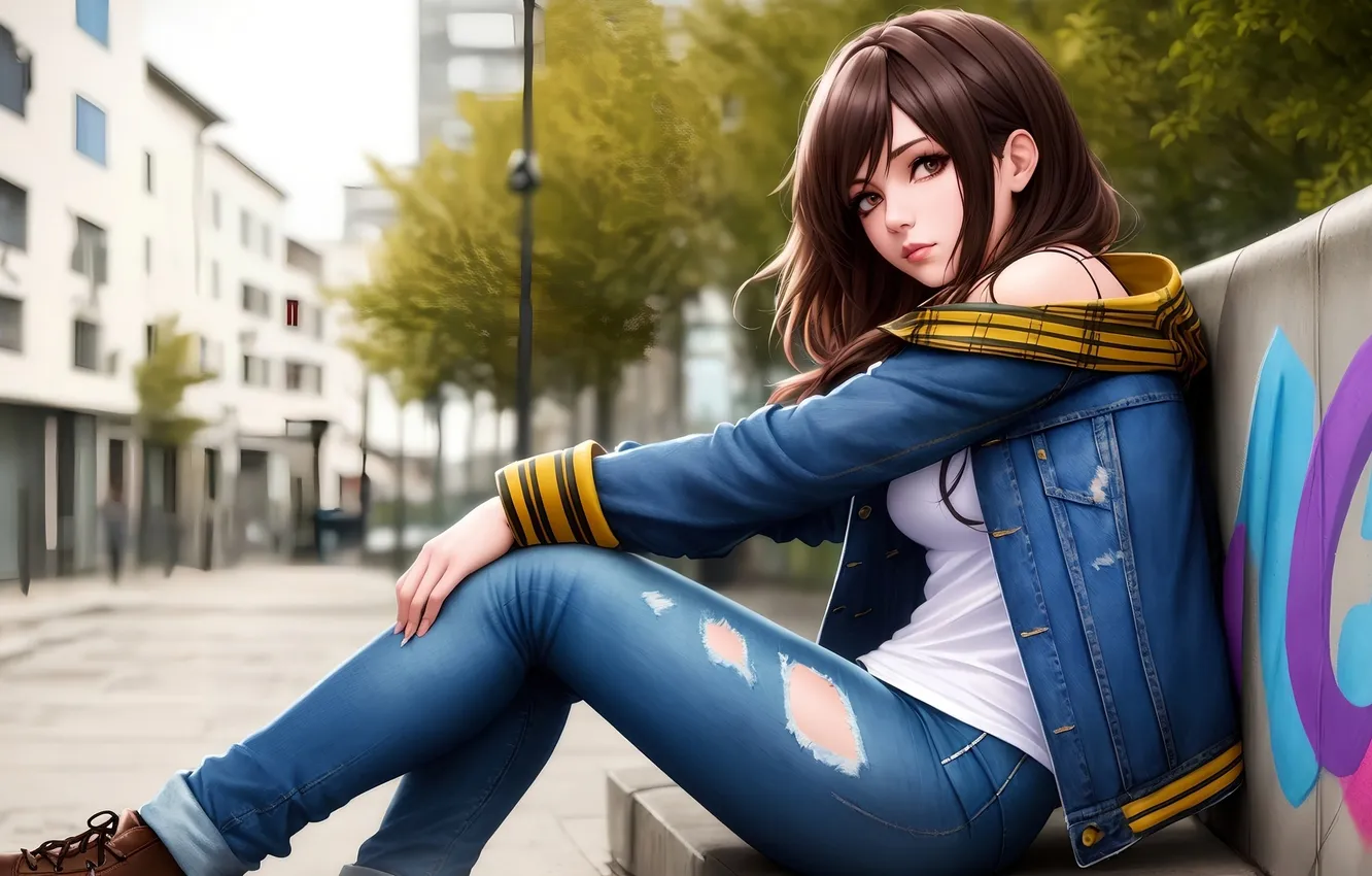 Photo wallpaper girl, graffiti, trees, jeans, brunette, urban, sitting, torn jeans