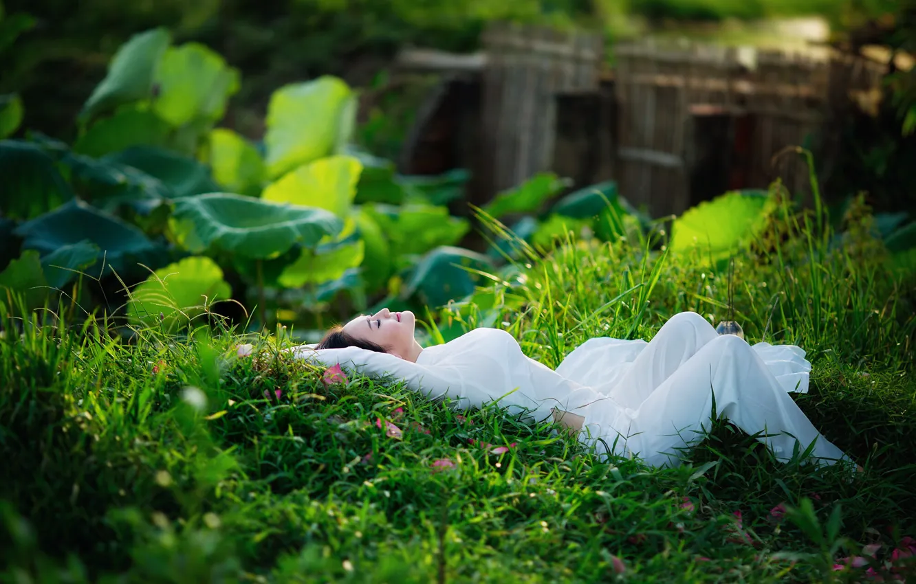 Photo wallpaper greens, grass, leaves, girl, joy, happiness, nature, pose