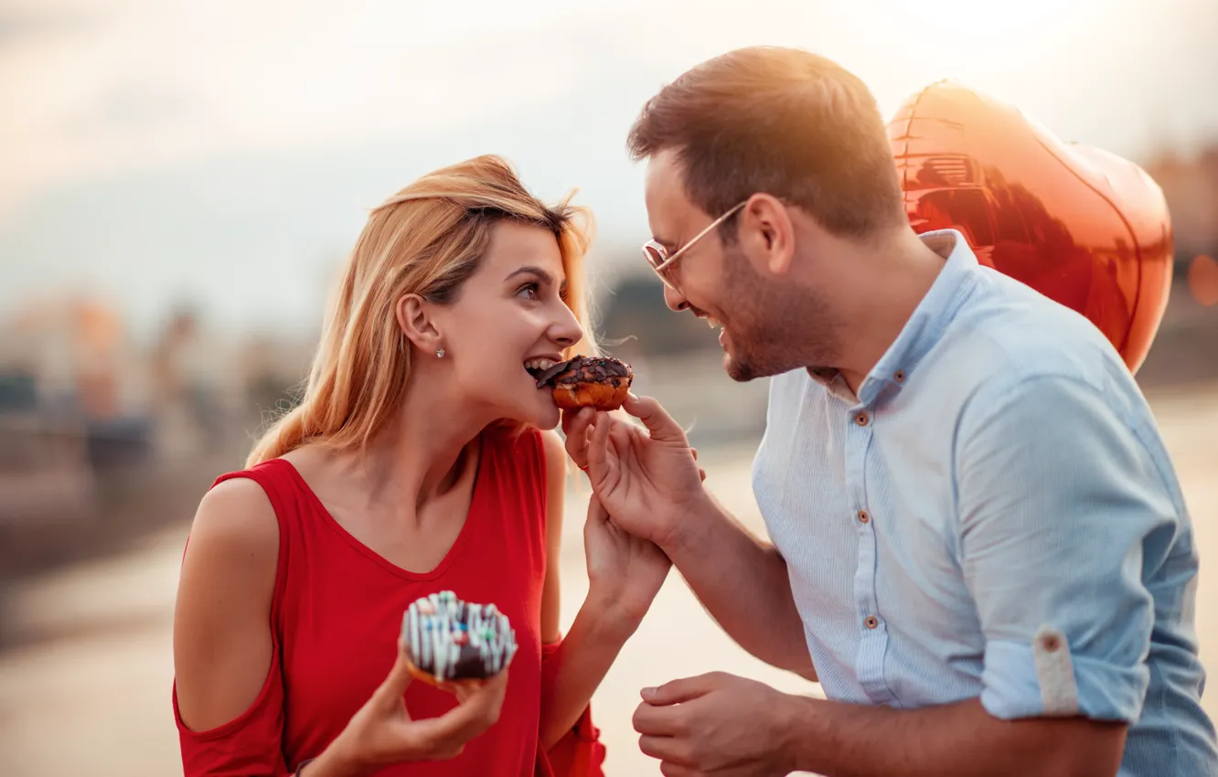 Photo wallpaper girl, happiness, smile, mood, donuts, guy