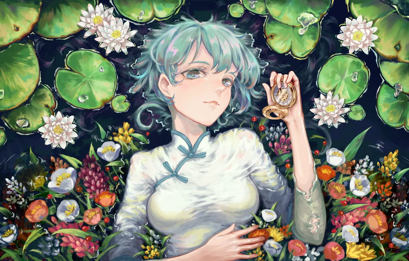 Photo wallpaper leaves, water, girl, flowers, Lily