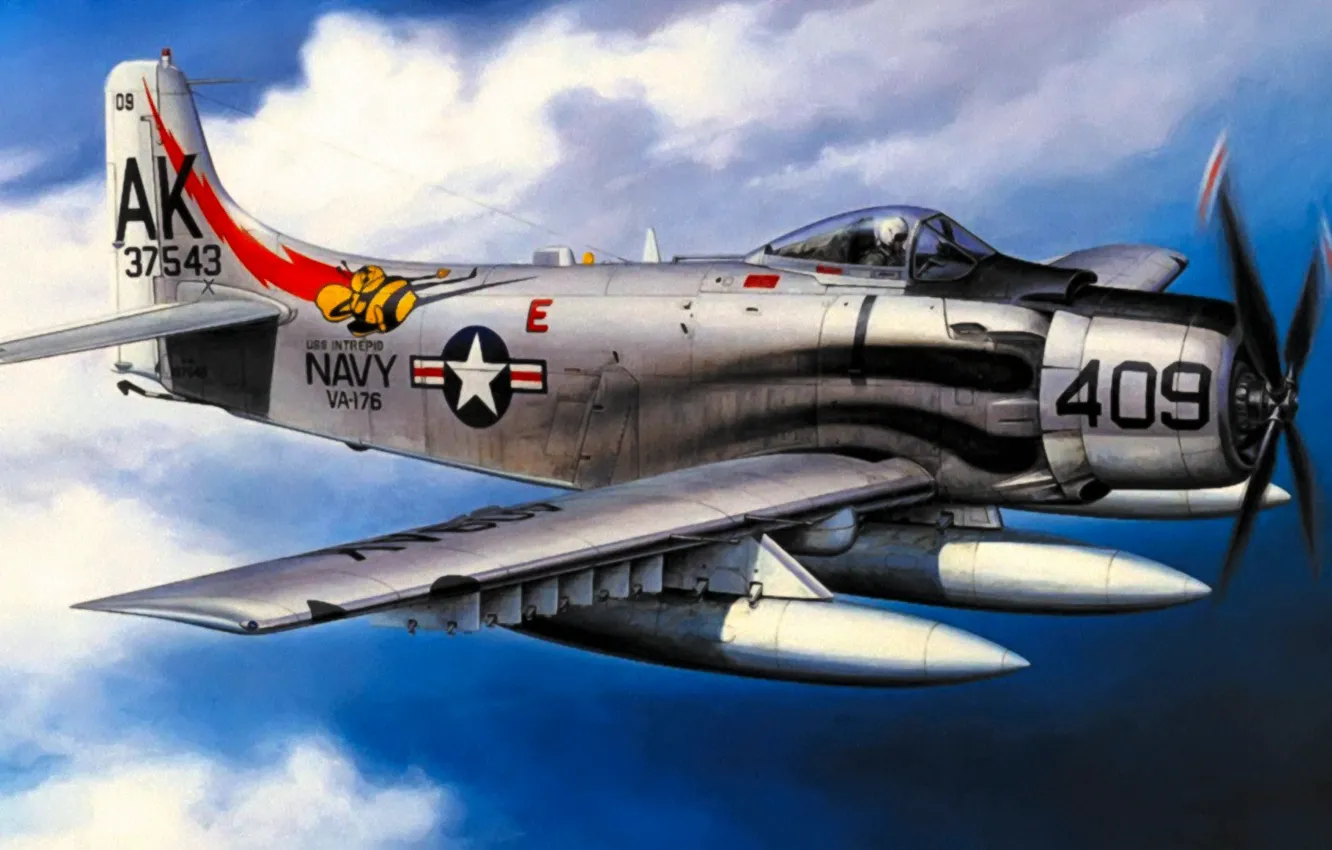 Photo wallpaper bomber, war, art, airplane, painting, aviation, attacker, Douglas A-1 Skyraider