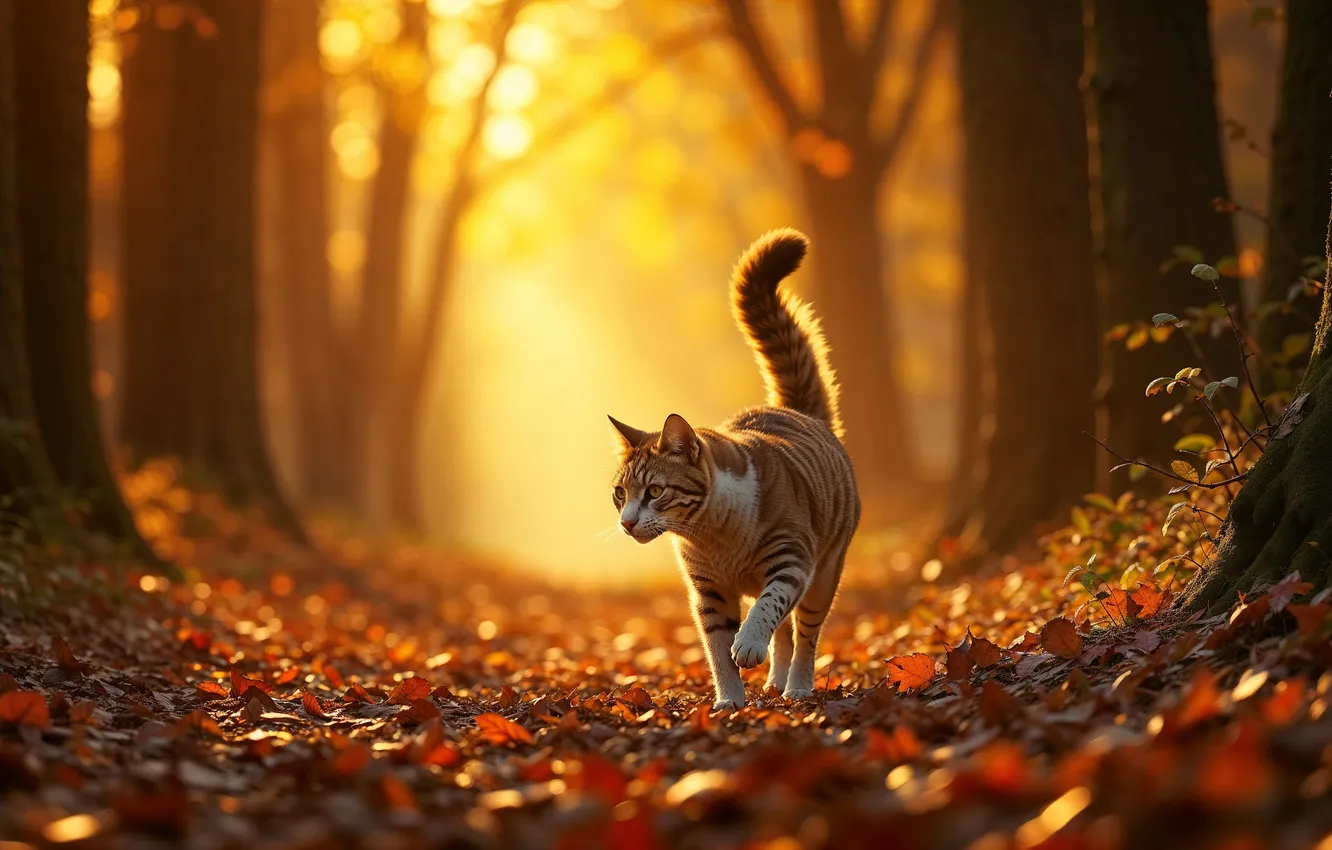 Photo wallpaper autumn, forest, cat, cat, look, light, trees, pose