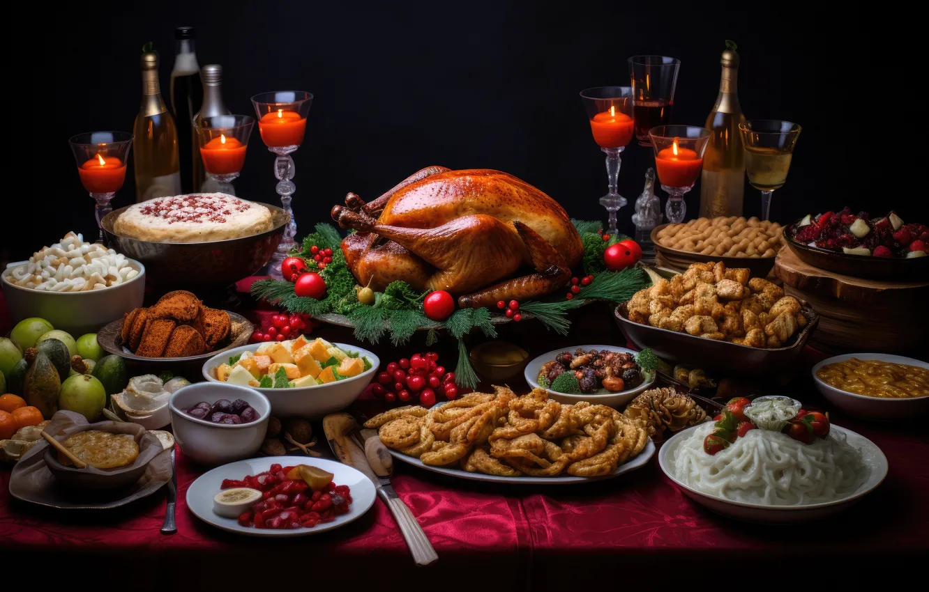 Photo wallpaper balls, glass, new year, food, candles, Christmas, herringbone, feast