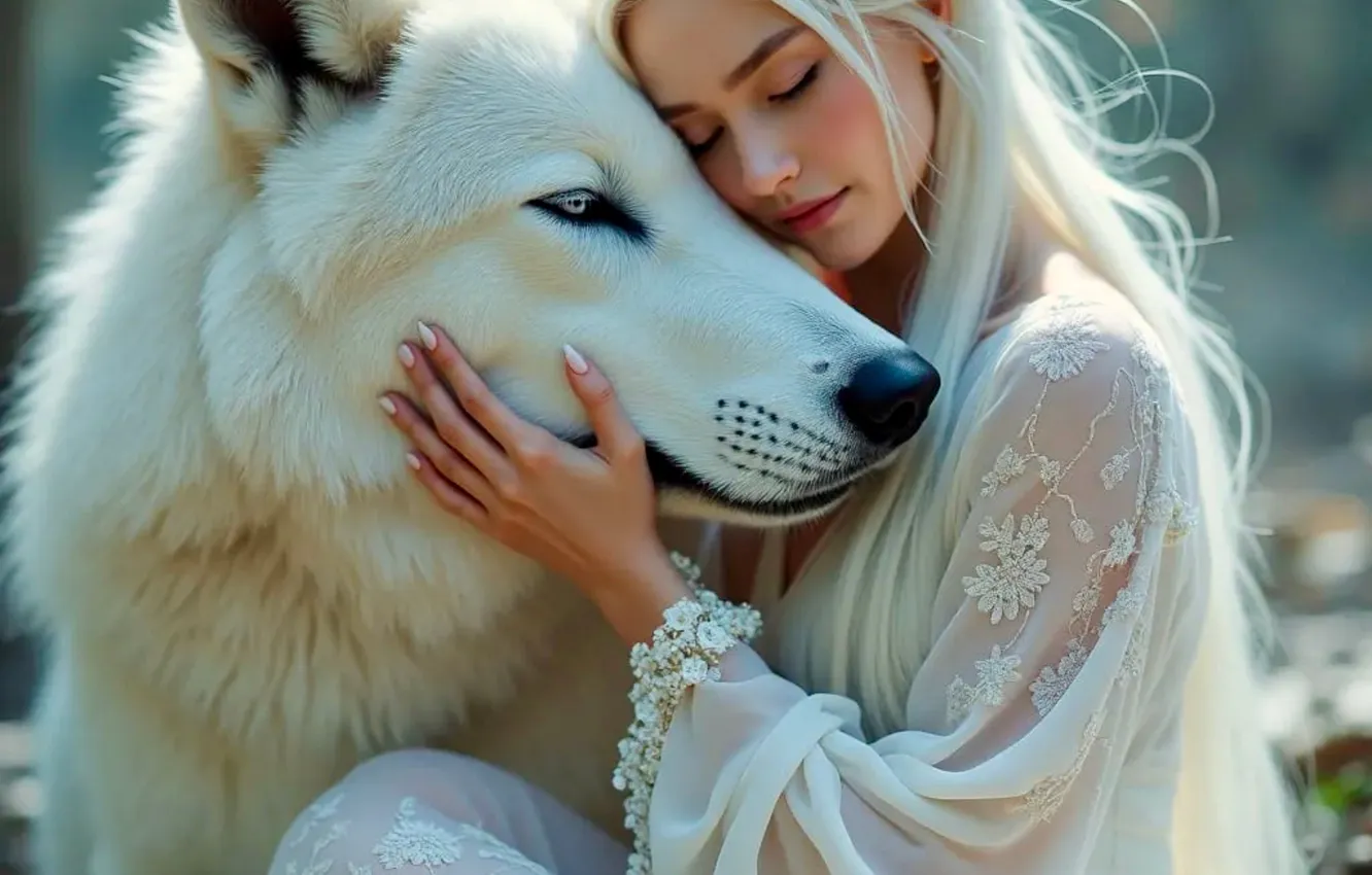 Photo wallpaper white, girl, pose, each, wolf, portrait, hands, fantasy