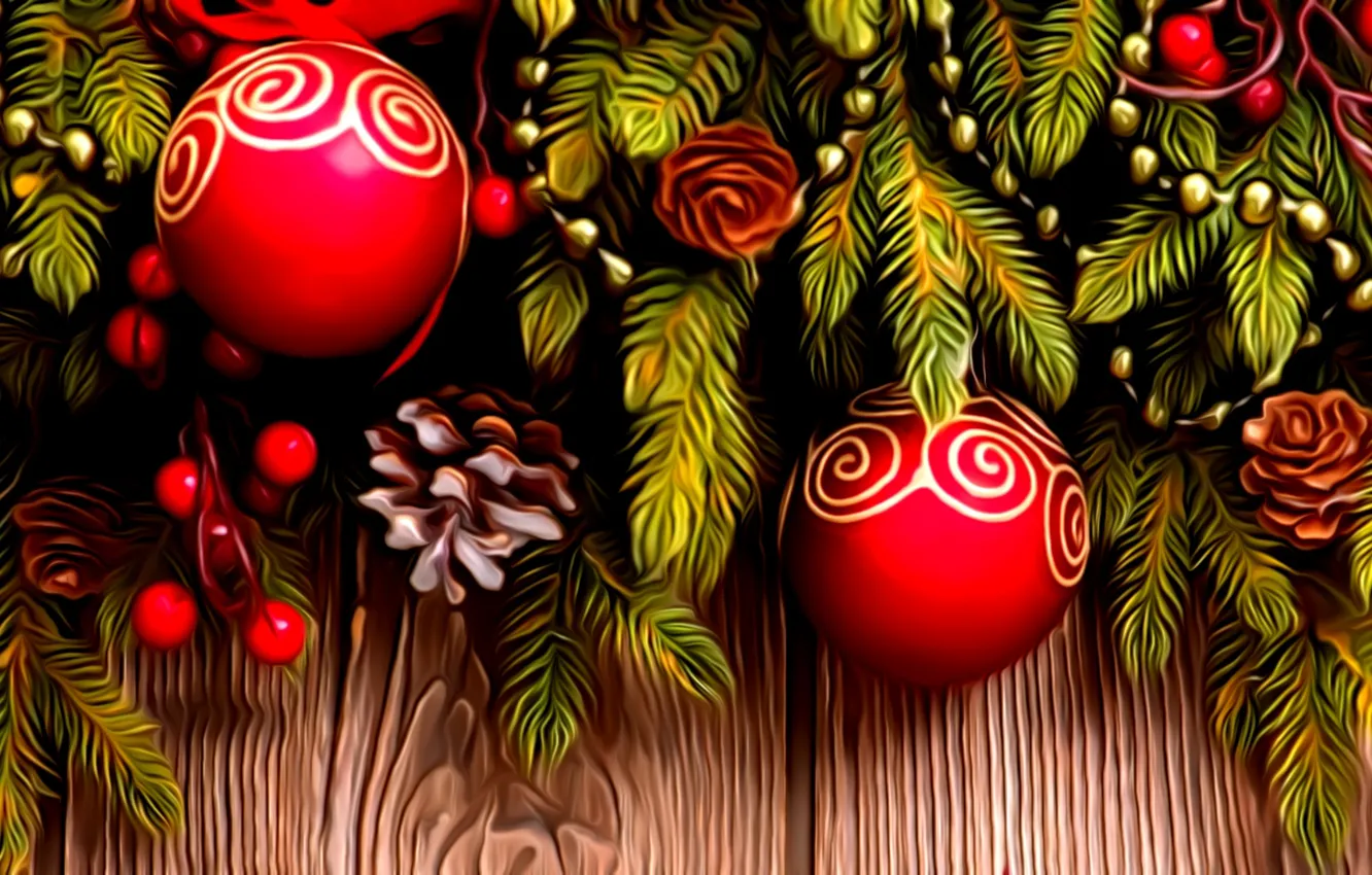 Photo wallpaper rendering, holiday, figure, New Year, beads, Christmas decorations, spruce branch, red balls