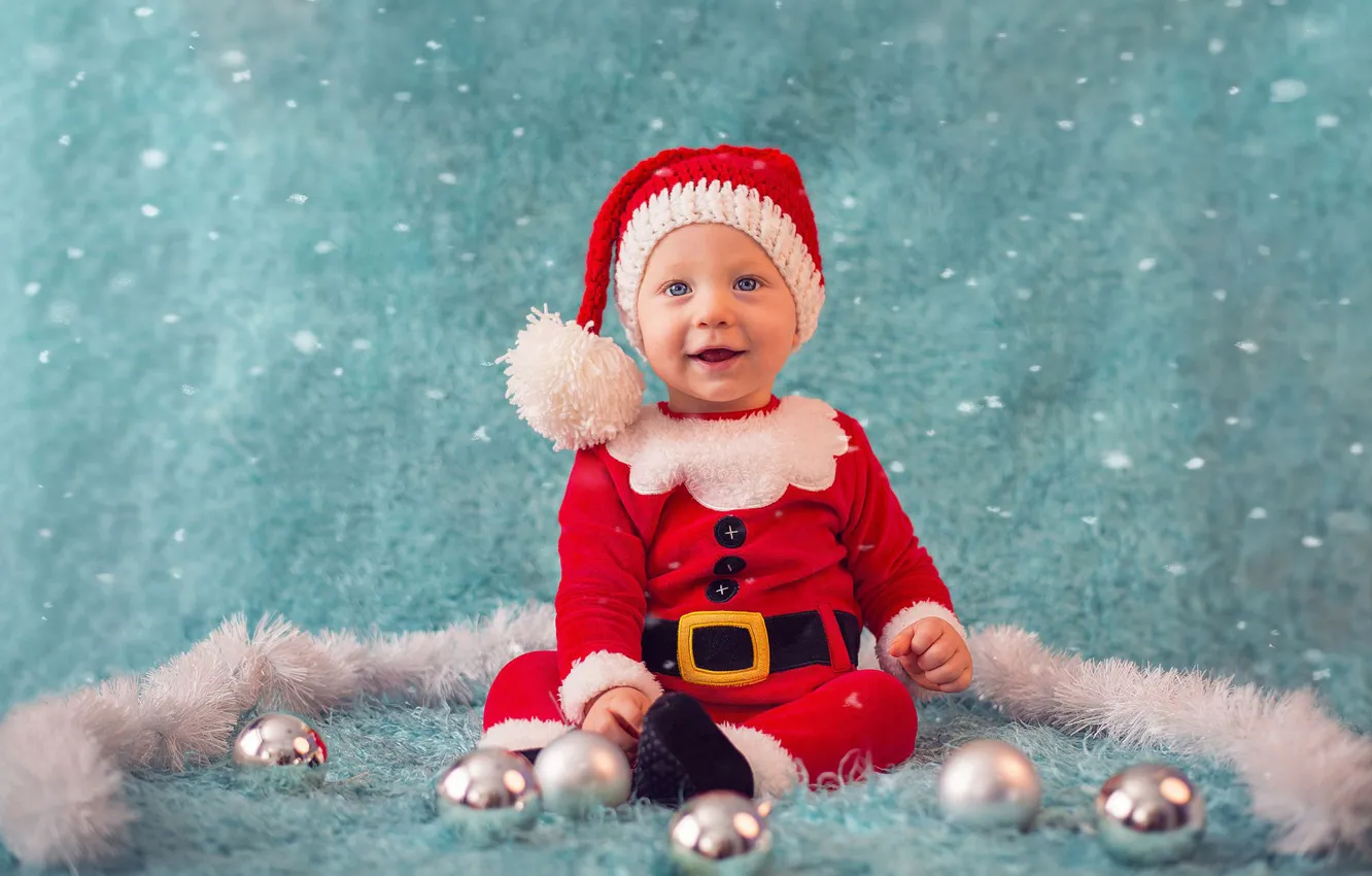 Photo wallpaper balls, children, smile, background, holiday, toy, new year, boy