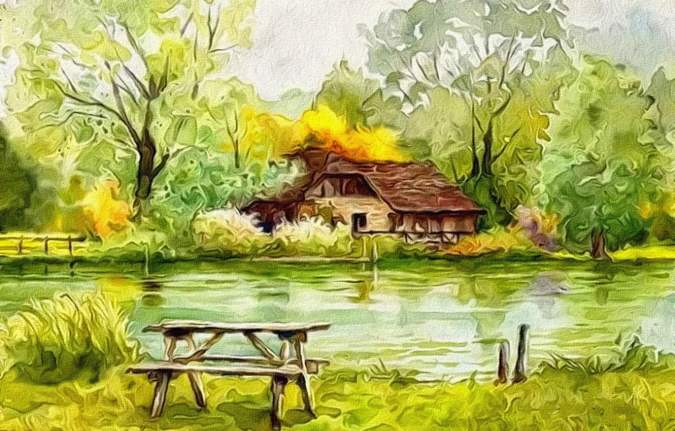 Photo wallpaper trees, abstraction, rendering, figure, canvas, the beginning of autumn, acrylic, The lake house