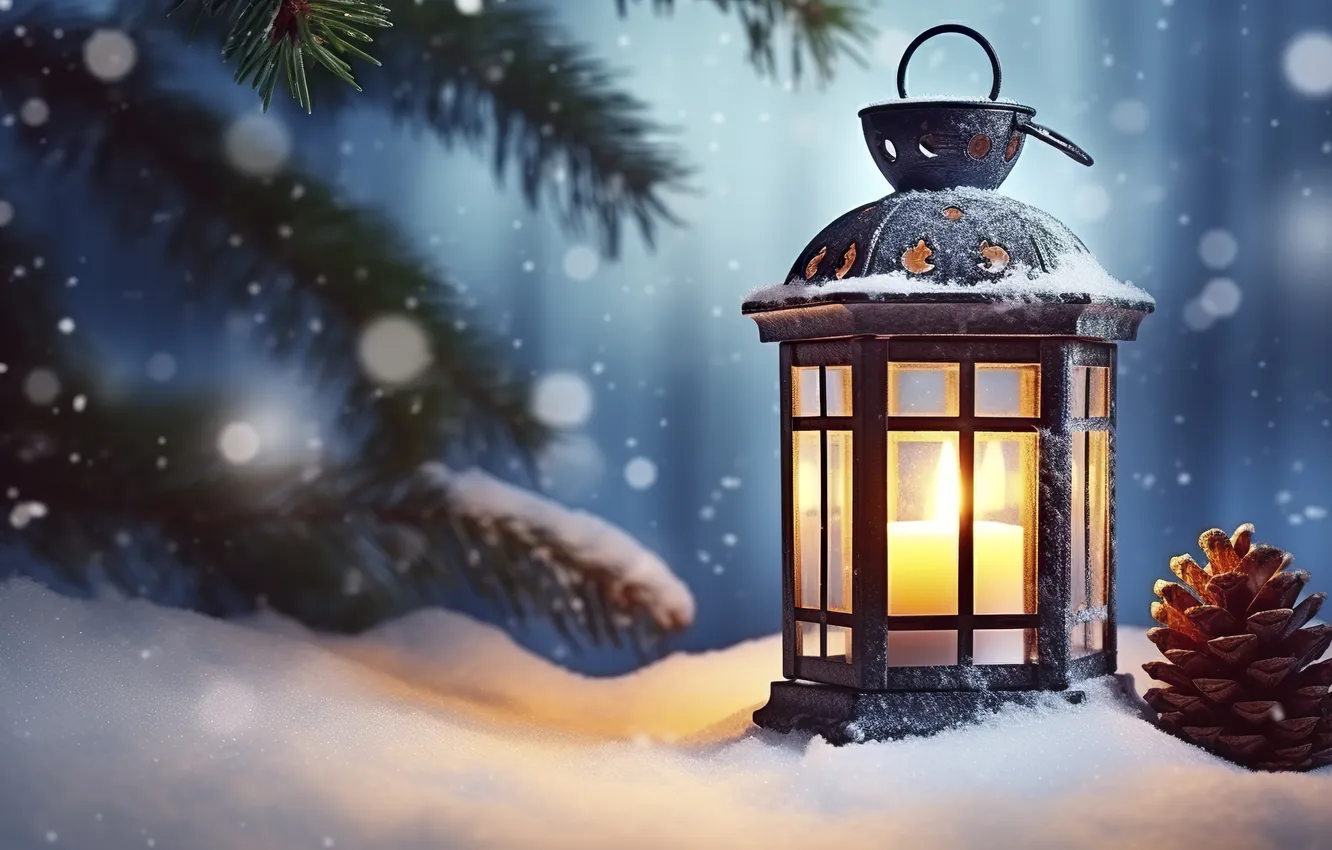 Photo wallpaper winter, snow, night, new year, Christmas, lights, Christmas, night
