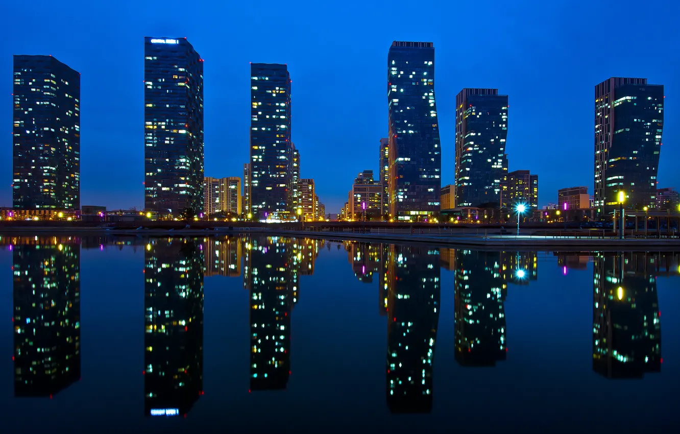 Photo wallpaper water, reflection, night, the city, lights, home, Asia, Korea