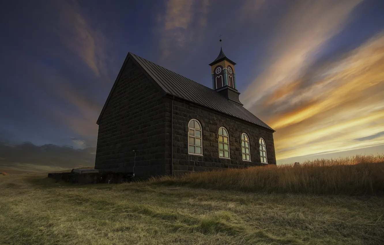 Photo wallpaper field, the sky, grass, dawn, chapel