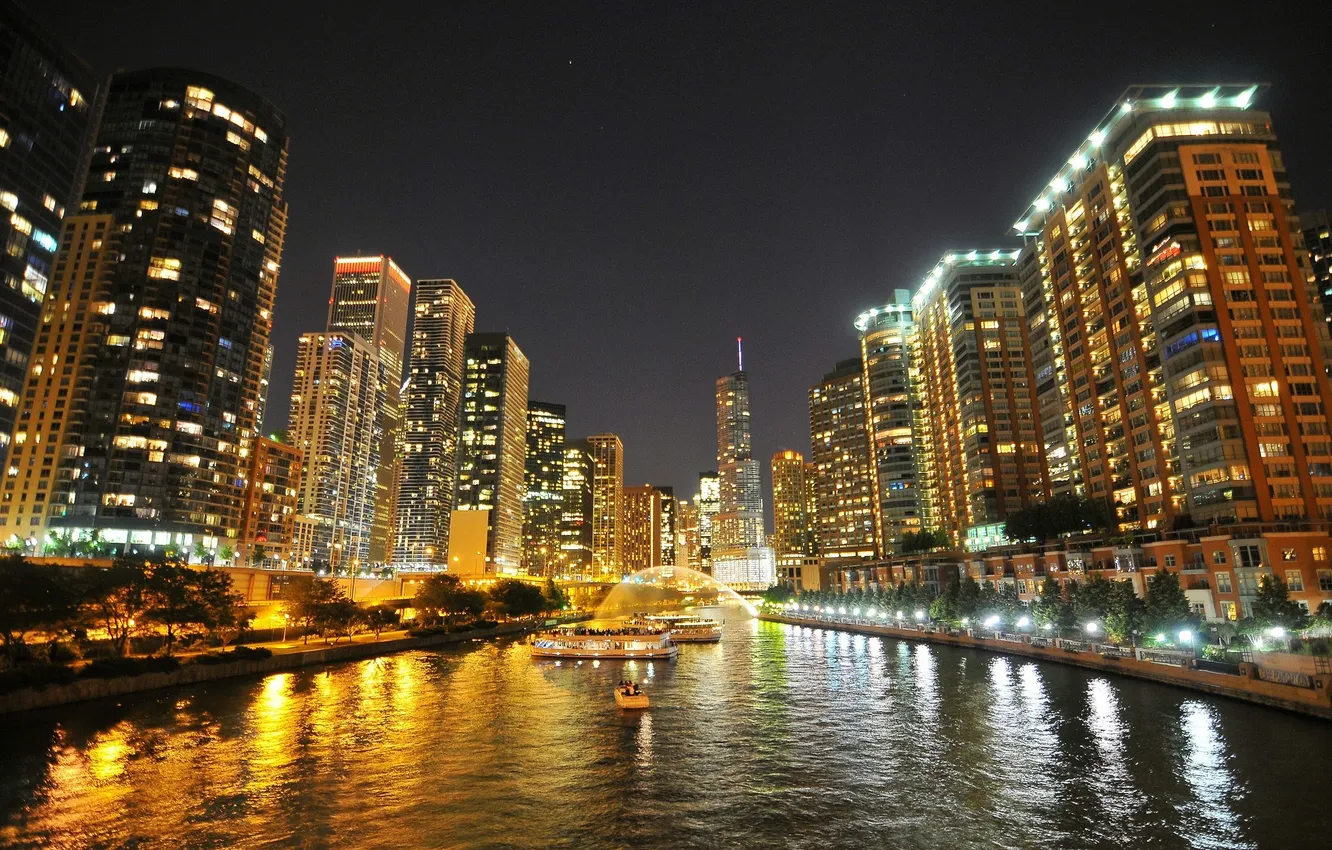 Photo wallpaper night, the city, lights, river, skyscrapers, Chicago, Illinois