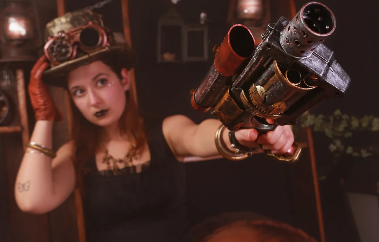 Photo wallpaper look, girl, style, weapons, hat, glasses, Steampunk