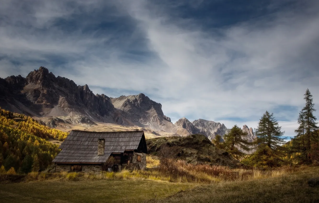 Photo wallpaper the sky, clouds, mountains, nature, house