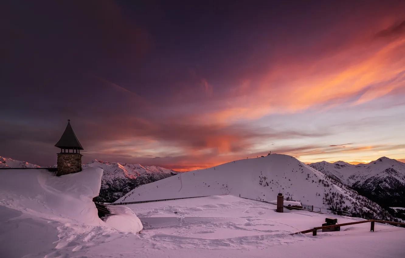 Photo wallpaper winter, snow, landscape, sunset, mountains, nature