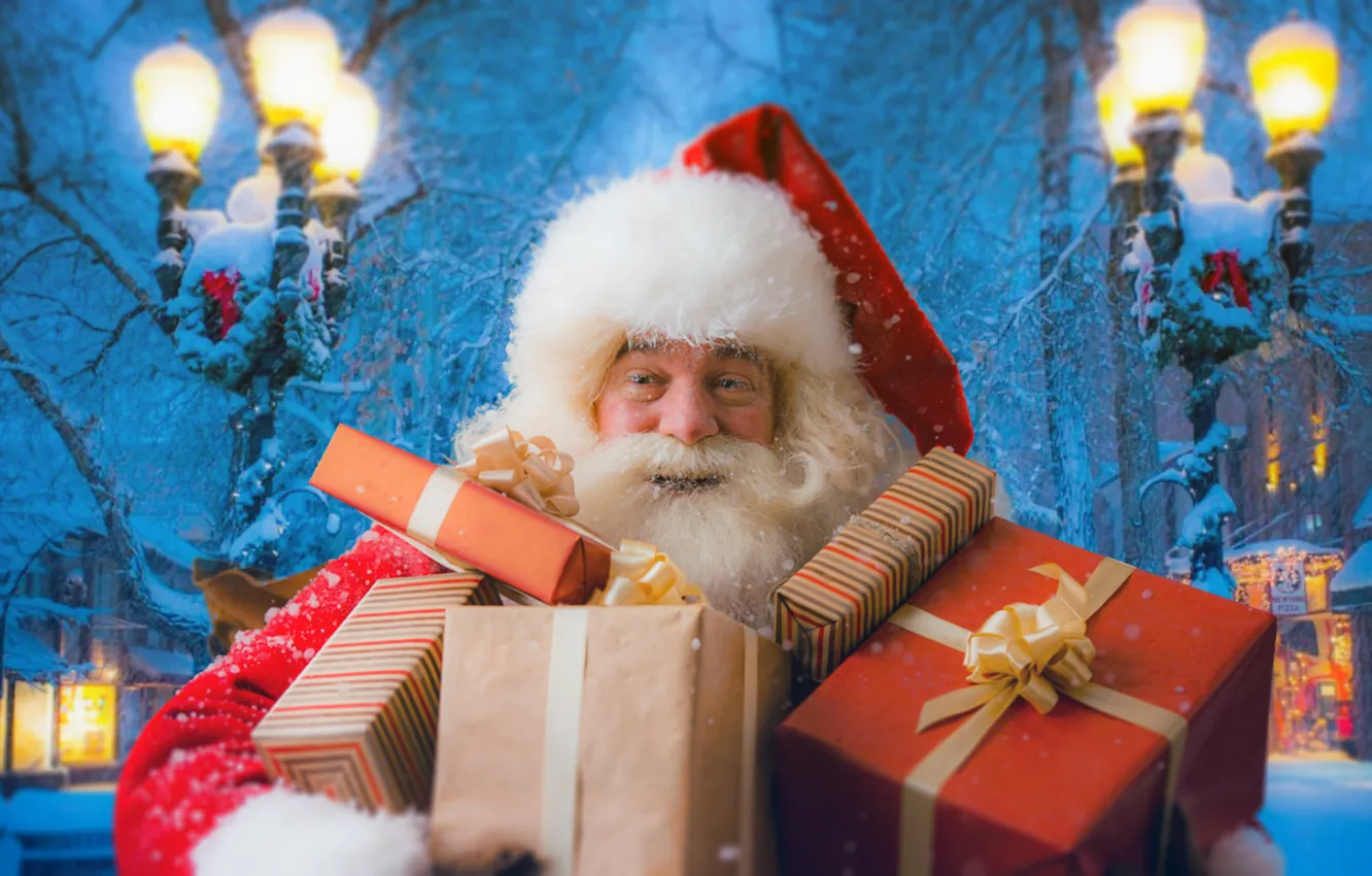 Photo wallpaper winter, snow, holiday, new year, gifts, grandfather, Santa Claus, gifts