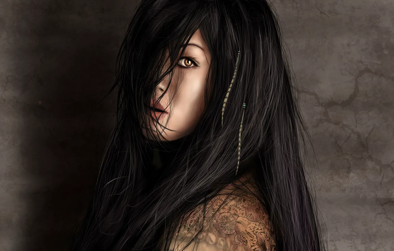Photo wallpaper look, girl, face, figure, tattoo, art, long hair