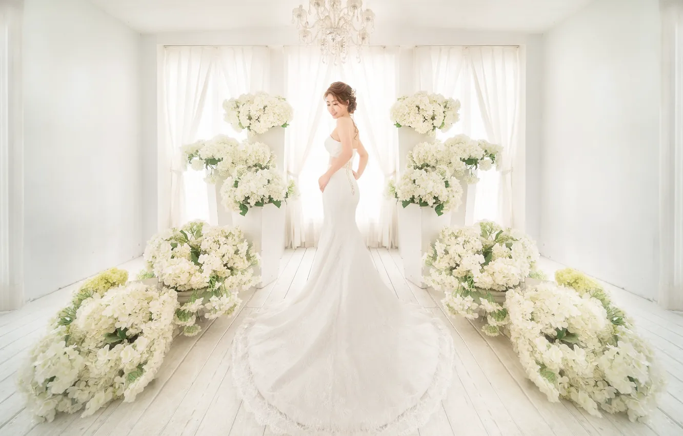 Photo wallpaper Flowers, Dress, The bride, Girl