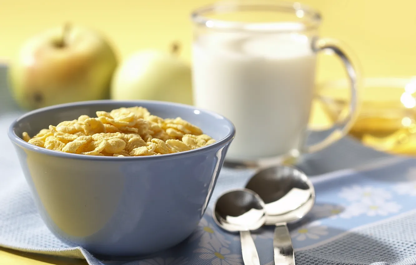 Photo wallpaper glass, Apple, food, milk, spoon, sweet, cereal, a light Breakfast