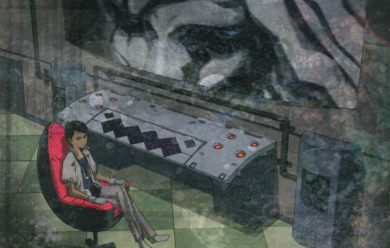 Photo wallpaper chair, guy, Ergo Proxy, laboratory, screen, Ergo Proxy, remote control, daedalus yumeno