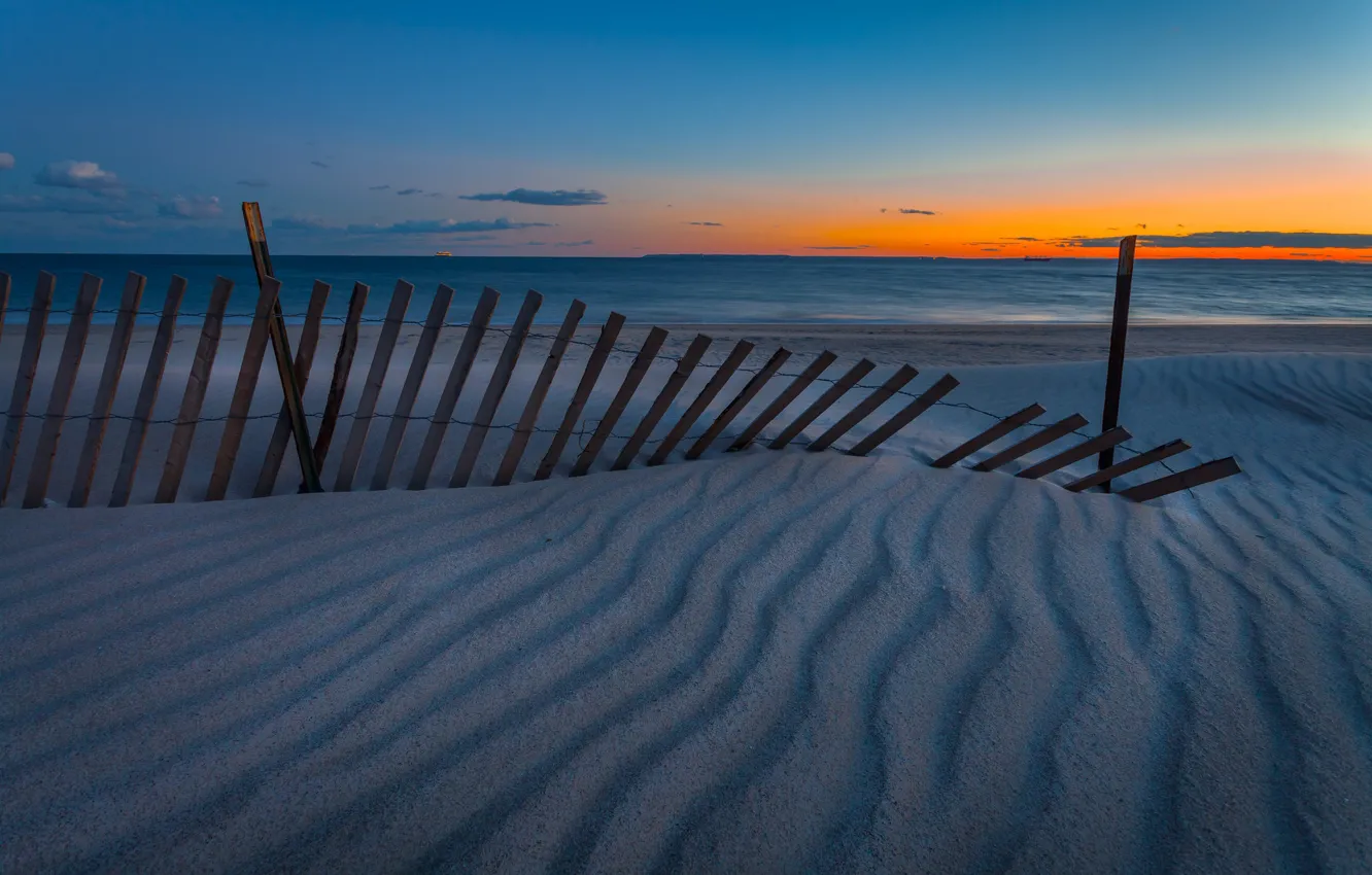 Photo wallpaper beach, twilight, sea, sunset, seascape, sand, fence, dusk